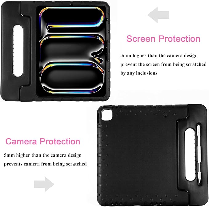 Kids Case for iPad Pro 13 inch M5/M4 (2025/2024) with Pencil Holder/Convertible Handle Stand Shockproof Slim Lightweight Cute Soft EVA Heavy Duty Rugged Kickstand Cover for Children Black