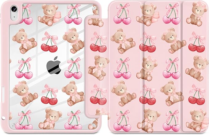 DONGKE Case for iPad (A16) 11th Generation 11 inch 2025 &amp iPad 10th Gen 10.9 inch 2022 [Built-in Pencil Holder] Clear Acrylic Back Trifold Stand Smart Cover Auto Sleep/Wake Bear &amp Cherry
