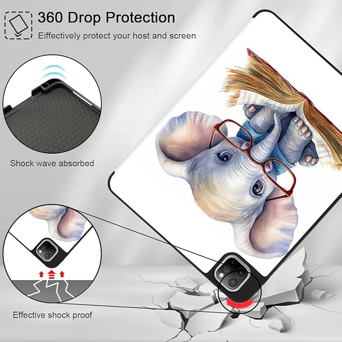 Mektron for iPad Pro M2 11-inch 4th/ 3rd/ 2nd/ 1st Gen Case 2022 2021 2020 2018 with Pencil Holder Tablet Cover with Soft TPU Back Cover for 11 inch iPad Pro Cute Elephant C341