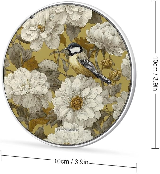 Bird Peony Flowers Phone Charger Magnetic Charging Pad Anti-Slip with USB Cable