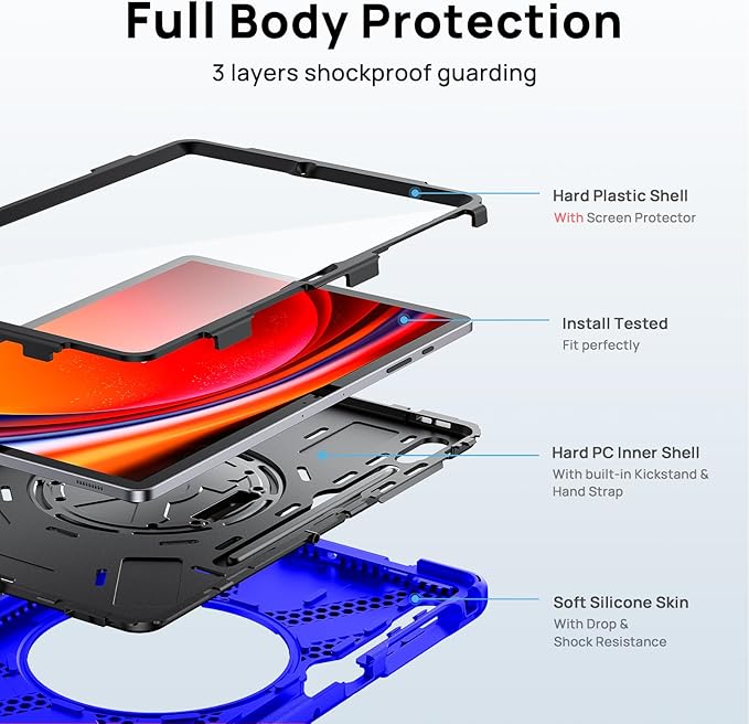 Gerutek Case for Samsung Galaxy Tab S10 Plus/S9 Plus/S9 FE Plus/S8 Plus/S7 Plus/S7 FE 12.4 inch Full-Body Drop Protective Case with Screen Protector Pencil Holder Rotating Hand Stand Strap Blue