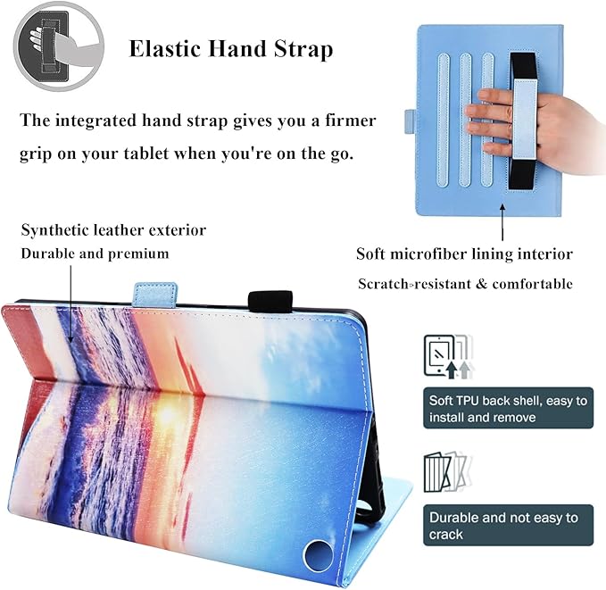 Case for Amazon Kindle Fire Max 11 Tablet (13th Generation 2023 Release) 11 with Pencil Holder/Hand Wrist Strap Folio Stand Magnetic Smart PU Leather Cover [Auto Sleep Wake] Beach Sunrise