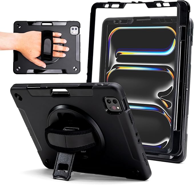 ZAGG Rugged Tablet Case for iPad Pro 11-inch (M5)/ Pro 11-inch (M4) - Protective 360° Rotating Hand Strap Integrated Kickstand Drop-Proof Ideal for Business Warehouse and Field Use Black
