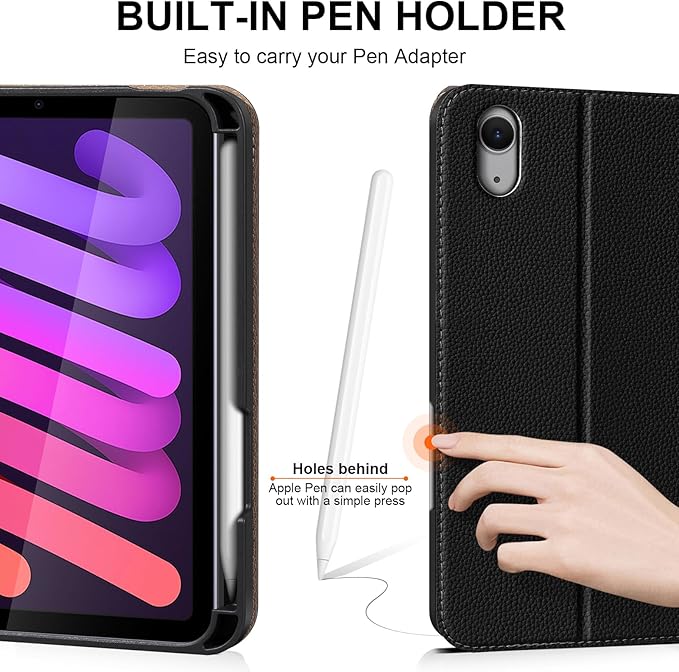for iPad mini 7 (A17 Pro) 2024 iPad mini 6th Generation 2021 with Pencil HolderSmart Leather Cover with Buckle Protective Auto Wake/Sleep Adjustable Stand Multiple View Angles Black