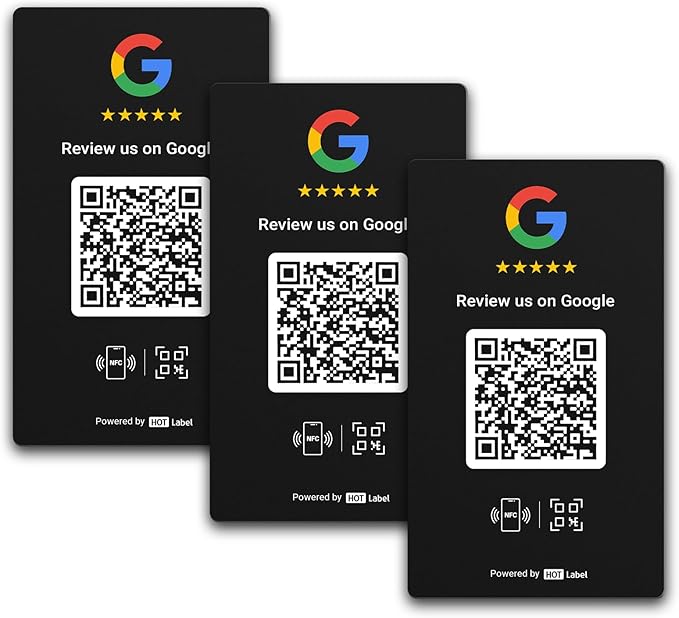 HotLabel Review Card 3-Pack + For Boosting Business Reviews + Black + NFC Tap &amp QR Code + Supports 3 Different Stores or Same + All Phones Compatible + No App/Subscription