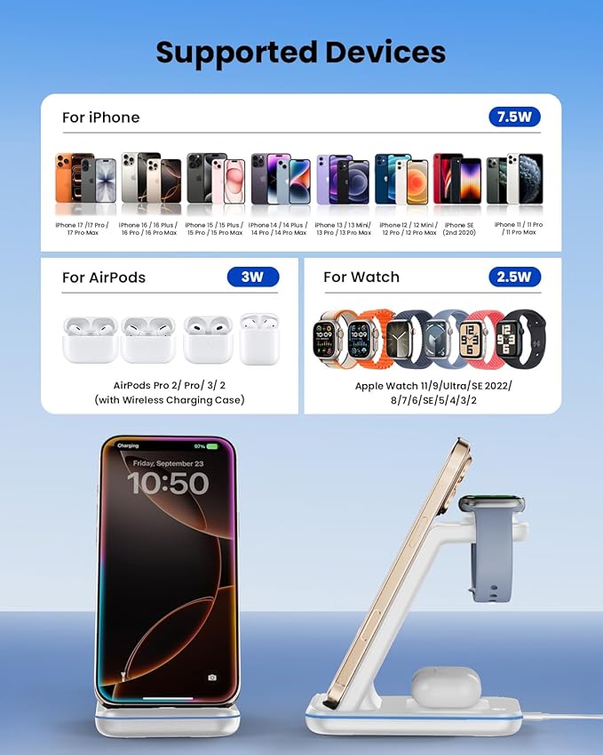3 in 1 Wireless Charging Station Wireless Charger Stand for Multiple Apple Devices Wireless Charger for iPhone 17 16 15-11 Pro Max XS XR 8 Apple Watch 11 9 8 7 6 SE 5 4 3 2 Air Pods 3/2/Pro
