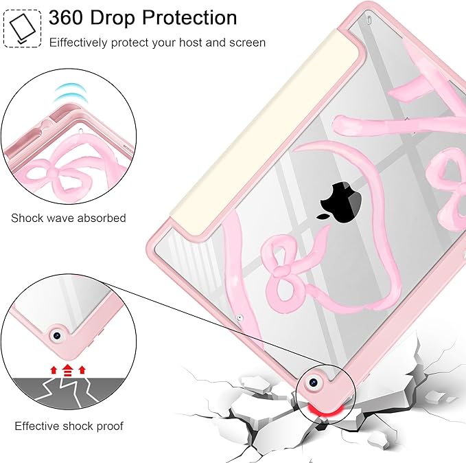 for iPad 9th Generation with Pencil Holder iPad 8th/7th Gen Case 10.2-inch [Built in Pencil Holder] Trifold Stand Auto Wake/Sleep Clear TPU Protection Back Cover Ribbon Bow Kitten
