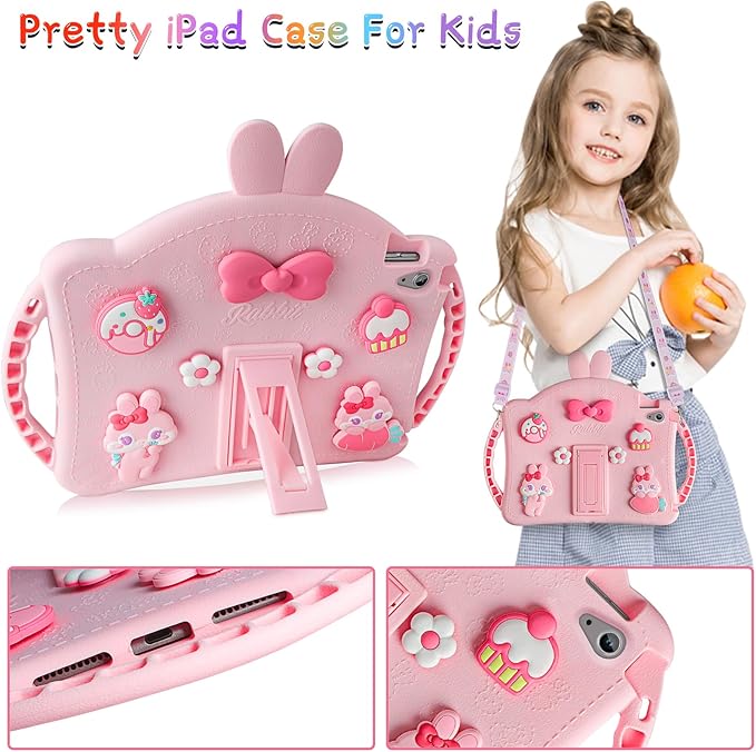 VOFUOE for iPad 10th Generation Case 10.9 Inch 2022 Kids Girls for iPad A16 Case 11th Generation 2025 with Screen Protector Shoulder Straps Handle Cute Rabbit Soft Silicone Tablet Cover-Pink