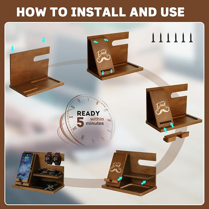 Fathers Day for Dad Dad Birthday Gifts Wood Phone Docking Station Nightstand Organizer Gifts for Dad Christmas Father's Day Dad Gifts from Daughter Son Organiser Birthday Presents for Dad