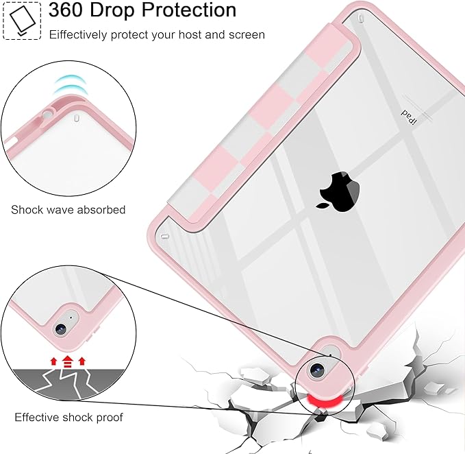 Tuiklol Case for iPad 11 inch (A16 Chip) 2025 Gen 11th / iPad 10.9 inch 2022 10th Gen Buit in Pencil Holder with Shockproof Cover Clear Transparent Back Shell Auto Wake/SleepLattice Pink