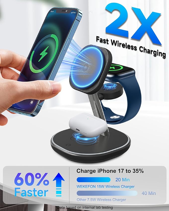 3 in 1 Wireless Charging Station for Apple MagSafe Charger 15W Fast Magnetic Phone Charger with Breathing Light for Magsafe Charger Stand for iPhone 17 16 15 14 13 12 Apple Watch AirPods Gifts