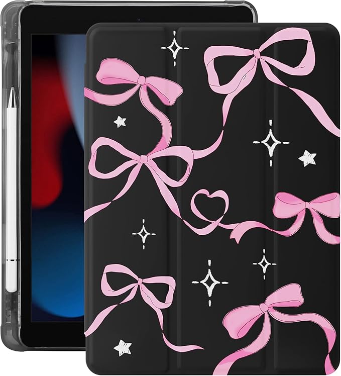 Idocolors Case for iPad 11 inch (A16 Chip) 2025 Generation 11th / iPad 10.9 inch 2022 10th Gen Built-in Pencil Holder with Soft TPU Shockproof Back Shell Auto Wake/Sleep Pink Ribbon Bow-Black