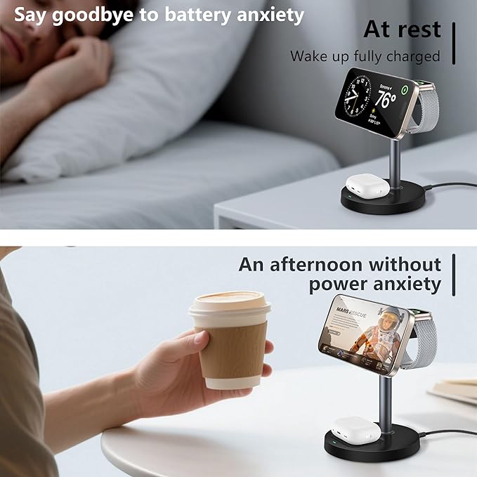 3 in 1 Wireless Charging Station for Multiple Devices 15W Fast Magnetic Wireless Charger Stand with Adjustable Angle Compatible with iPhone12-16 Series Apple Watch AirPods - Gifts for Men &ampWom