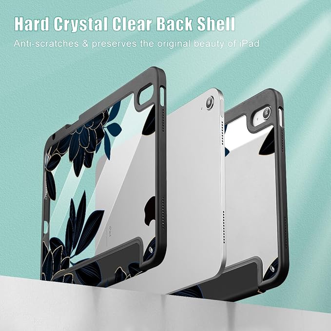 Case for iPad 11 inch A16 2025 Generation 11th / iPad 10.9 inch 2022 10th Gen Buit in Pencil Holder with Shockproof Cover Clear Transparent Back Shell Auto Wake/Sleep Flower Dahlia