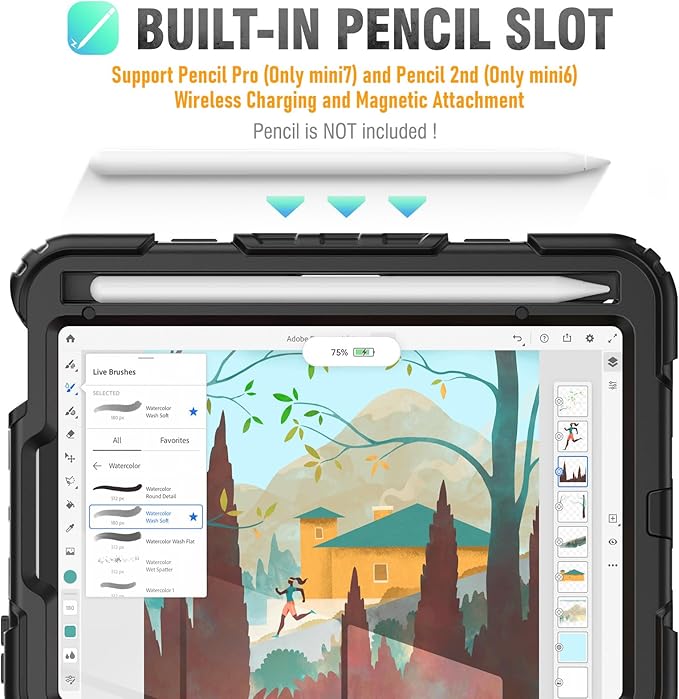 HXCASEAC Case for iPad mini 7 (A17 Pro) / iPad mini 6 Case 8.3 inch Full Body Protective with Carrying Strap Hand Strap Protector Pencil Holder 360 Rotating Stand A2995 A2993 A2567 A2568 Black