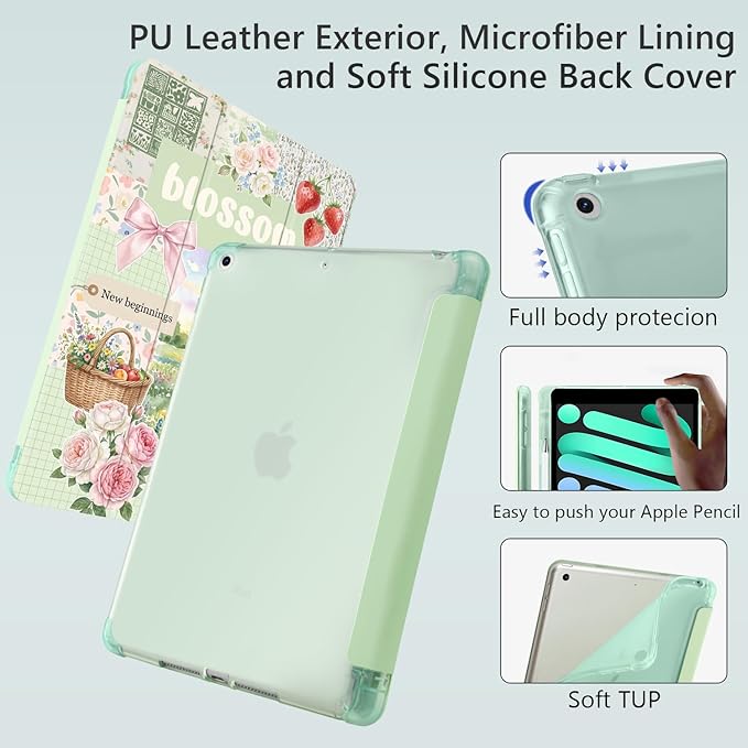 Cute Flower Blossom Floral for iPad mini 7 A17 Pro 2024/iPad Mini 6 Case with Pencil Holder Auto Sleep/Wake Green Leather Soft TPU Back Cover