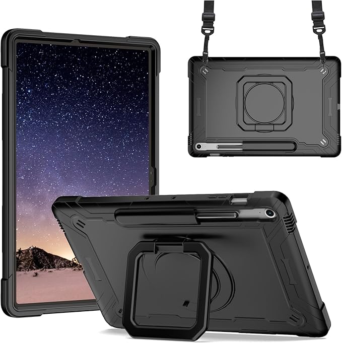 DETUOSI Case for Samsung Galaxy Tab S10 FE Plus 13.1 inch 2025 with Pencil Holder Heavy Duty Shockproof Case with Rotatable Stand &amp Shoulder Strap Black