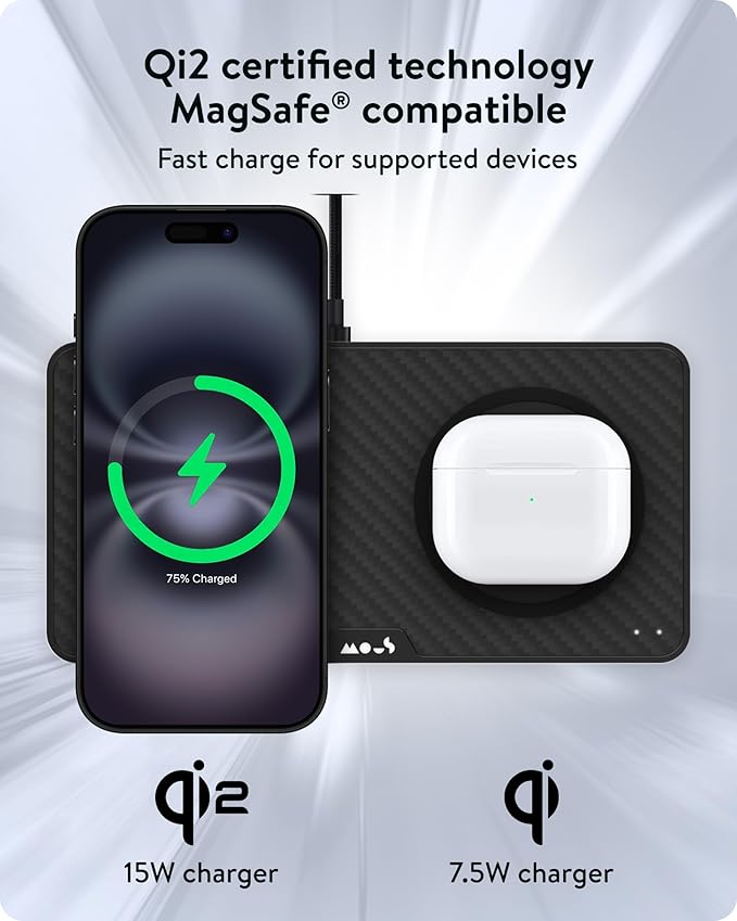 Mous - Dual Charging Station with Qi2 up to 15W Fast Charge - MagSafe Charger Compatible with iPhone 17/16/15/14/13/12 Pixel 10 Series and Airpods - USB-C Cable - Aramid Fibre