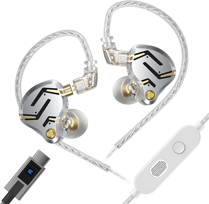 KZ ZS12 PRO 2 USB C Wired Headphones Type-C in Ear Monitor Headphone 5BA+1DD 6 Driver Gaming Earbuds USB C Wired Earphones HiFi Clarity Sound Immersive Bass IEMs for Gaming (USBC-with Mic Silver)