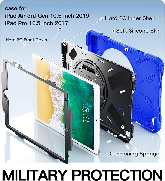 BRAECN Case for iPad Air 3rd Generation 2019 / iPad Pro 10.5 inch 2017 Rugged Heavy Duty Shockproof Cover with Pencil Holder 360° Rotating Kickstand &amp Adjustable Hand Strap &amp Shoulder Strap