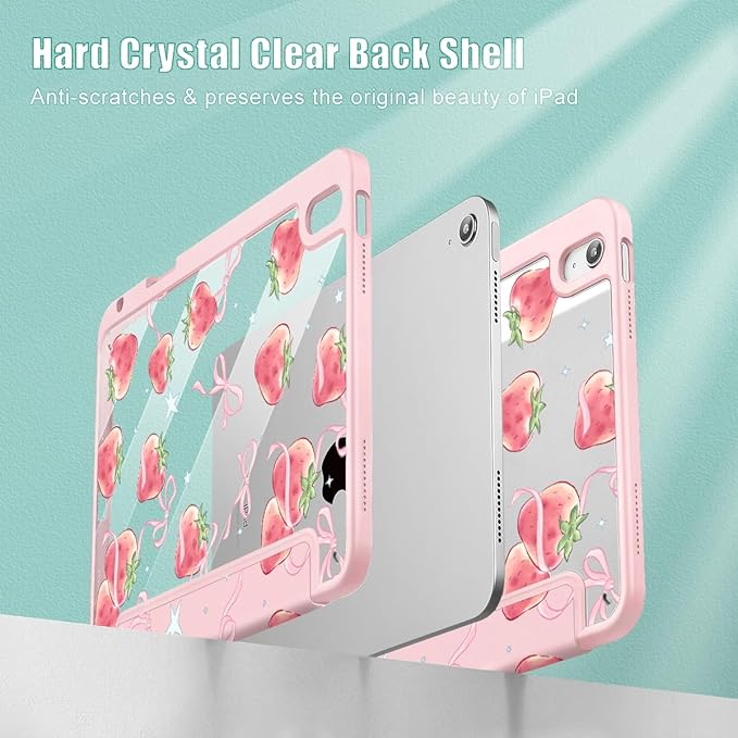 May Chen Case for iPad Air 13 Inch M4 2026 M3 2025 M2 2024 [Built-in Pencil Holder] Shockproof Cover with Clear Transparent Back Shell Auto Sleep/Wake Cover Bow Strawberry