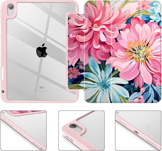 May Chen for iPad (A16) 11th Generation Case 11 Inch 2025 iPad 10th Gen Case 2022 10.9 inch Built-in Pencil Holder with Shockproof Cover Clear Back Shell Auto Wake/Sleep Flowers Painting