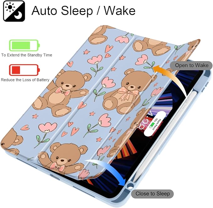 May Chen for iPad Pro 11 inch M2 4th Generation 2022 iPad Pro 11 3rd/2nd/1st Gen Built-in Pencil Holder with Shockproof Cover Clear Transparent Back Shell Auto Wake/Sleep Cute Teddy Bear