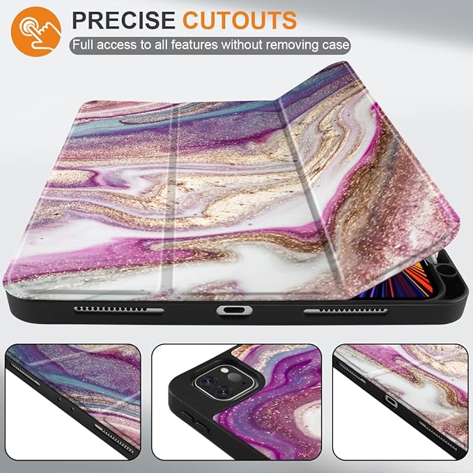 DONGKE Case for 2022/2021/2020/2018 iPad Pro 11 inch Gen 4/3/2/1 - Slim Protective Case - Built in Pencil Holder Support Charging - Trifold Stand &amp Sleep/Wake Cover- Pink Marble