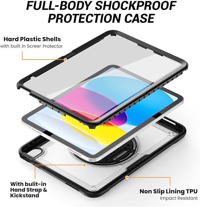 Compatible for iPad A16 Case for iPad 11th/10th Generation Case 11/10.9 Inch 2025/2022 Drop Protection with Screen Protector | 360° Rotate Hand Strap | Stand | Shoulder Strap Clear