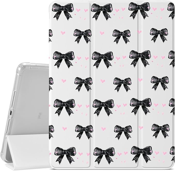 Cute Black Bowknot Case for iPad 9th/8th/7th Generation 10.2 Inch (2021/2020/2019 Release)Girly Y2K Protective CasePencil Holder &amp Clear Transparent Soft TPU Back &amp Trifold White Cover