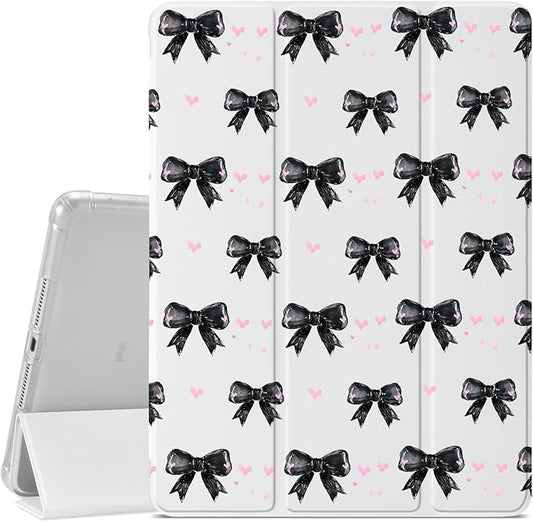 Cute Black Bowknot Case for iPad 9th/8th/7th Generation 10.2 Inch (2021/2020/2019 Release)Girly Y2K Protective CasePencil Holder &amp Clear Transparent Soft TPU Back &amp Trifold White Cover
