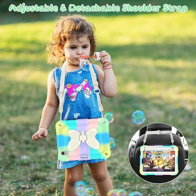 for iPad Mini 7 A17 Pro Case for iPad Mini 7th/6th Generation - Rugged Soft Silicone Cute Cartoon with Shoulder Strap Multi-Angle Stand Kawaii for Women Girls Girly Kids Teens Cover Colorful