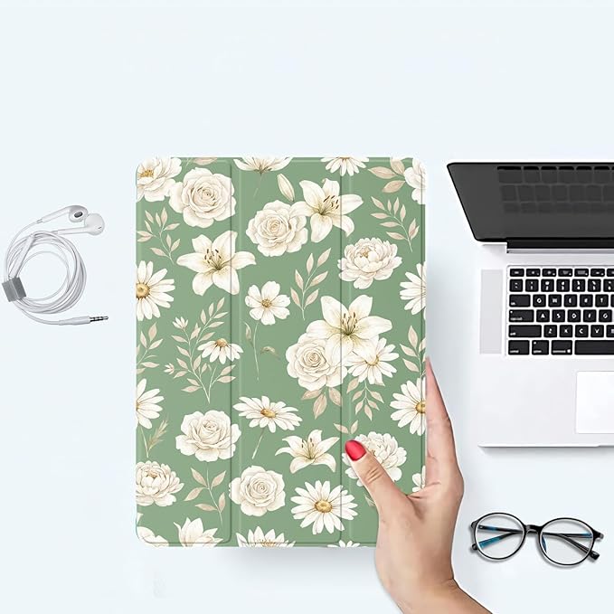 Aesthetic White Flowers Case for iPad 9th/8th/7th Generation 10.2 Inch (2021/2020/2019 Release) Protective CasePencil Holder &amp Clear Soft TPU Back &amp Trifold Cover for Women