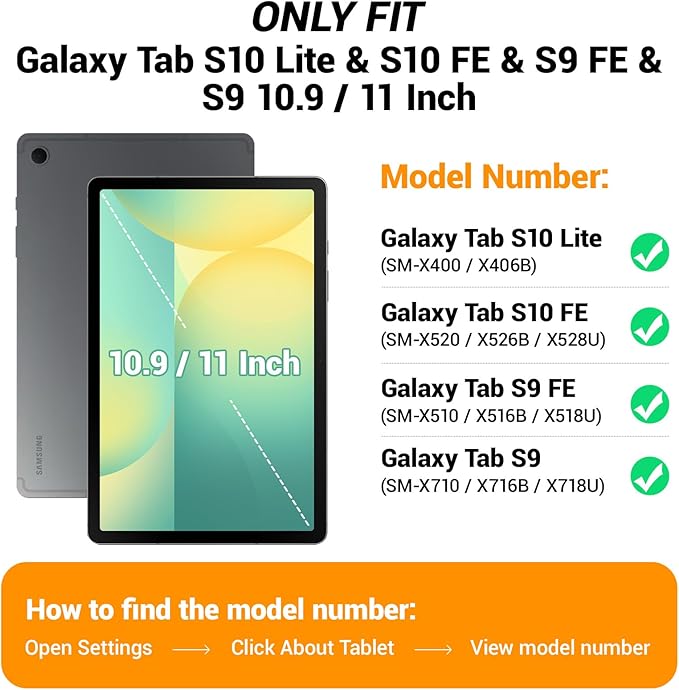 Case for Samsung Galaxy Tab S10 Lite / S10 FE / S9 FE 5G / S9 Tablet Case 10.9''/11'' Rugged Protective with Screen Protector Pen Holder 360°Rotate Hand Strap/Stand Shoulder Strap Black