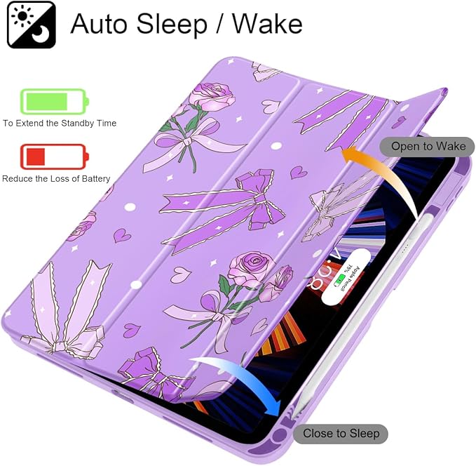 Tuiklol Case for iPad 11 inch (A16 Chip) 2025 Gen 11th / iPad 10.9 inch 2022 10th Gen Buit in Pencil Holder with Shockproof Cover Clear Transparent Back Shell Auto Wake/SleepBow &amp Rose Purple