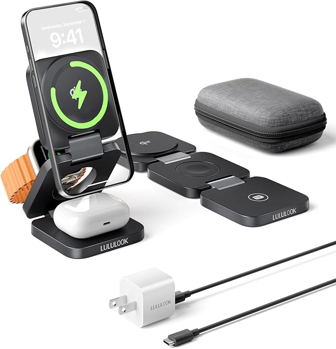 Qi2 Certified 3 in 1 Travel Charger MagSafe Compatible Upgraded Foldable Wireless Charger Stand Mag-Safe 3 in 1 Charging Station15W Fast Charging for iPhone 17/16/15/14/13/12 Apple Watch AirPods