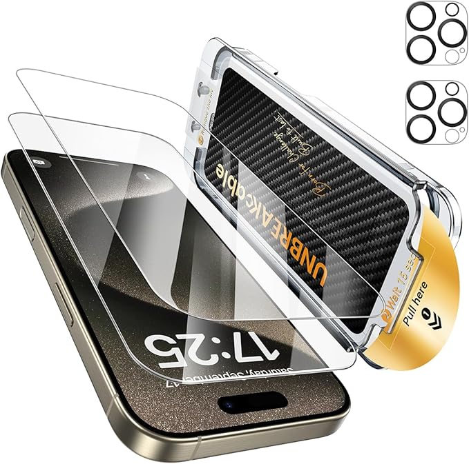 UNBREAKcable Top 9H+ Screen Protector for iPhone 15 Pro Max &amp Lens Protector (2+2 Pack)Military-Grade Shatterproof Tempered Glass [99% HD Clear][Easy Install] Bubble-Free &amp Anti-Fingerprint-6