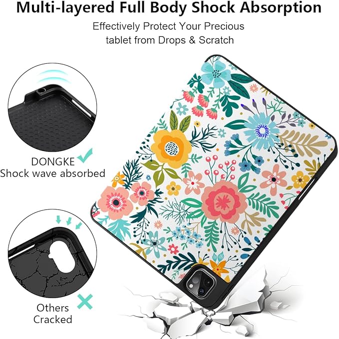 DONGKE Case for iPad Pro 11 inch (4th 3rd 2nd &amp 1st Gen) 2022 2021 2020 2018 Trifold Stand + Pencil Holder + Auto Wake/Sleep + Soft TPU Protective Stand Back Cover Flower