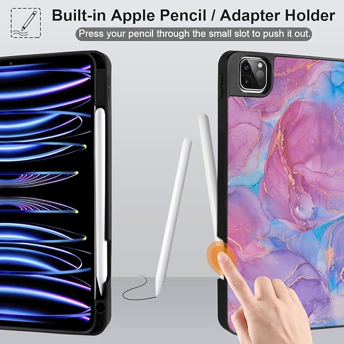 MEEgoodo Case for iPad Pro 12.9 Case M2 6th/5th/4th/3rd Generation 2022 2021 2020 2018 Protective Tablet Cover with Soft Back Shell for Kids Pink Marble Texture
