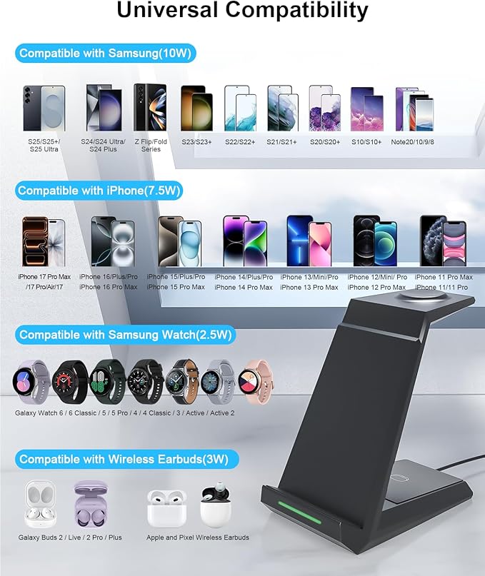 Wireless Charger for Samsung - Nanami 3 in 1 Charging Station for Multiple Devices Fast Charger Stand for Galaxy S26 S25 S24 S23 Ultra S22 Z Flip Fold 7Galaxy Watch 6/5/5 Pro/4/3 Galaxy Buds 2 Pro