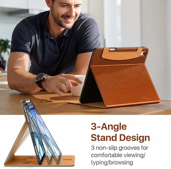 MoKo Case for iPad Air 13-inch (M4) 2026 / (M3) 2025 / (M2) 2024 with Pencil Holder &amp Hand Strap &amp Pocket Premium Leather Folio Stand Cover Multiple Viewing Angles Brown