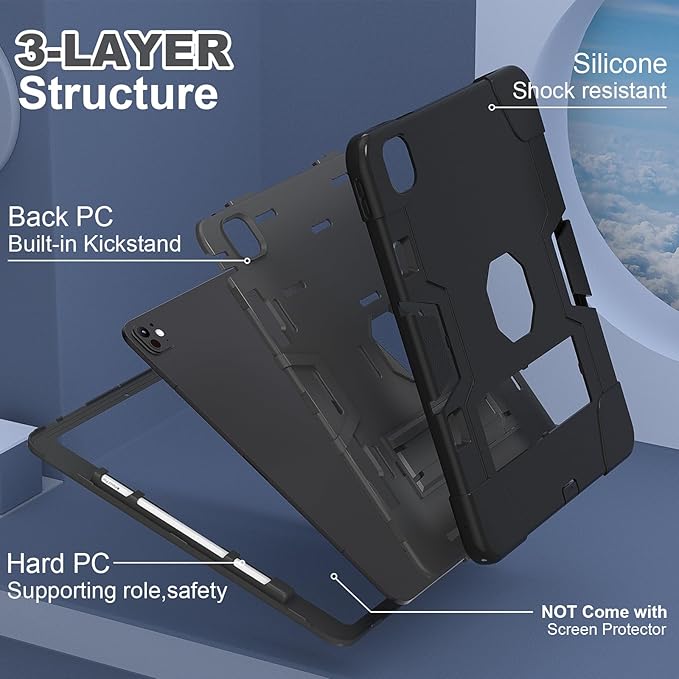 for iPad Pro 13 Inch Case M4 (2024 Model 7th Generation) with Kickstand Kids case for iPad Pro 13-inch (M4) case Protective Case for iPad Pro 13” 7th Generation A2925 A2926 A3007 Black