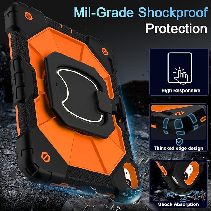 Case for iPad (A16) 11th Generation 11 Inch (2025) /iPad 10th Generation 10.9 Inch (2022) with Screen Protector/Rotating StandMilitary Grade Shockproof i Pad Case 10th GenerationOrange