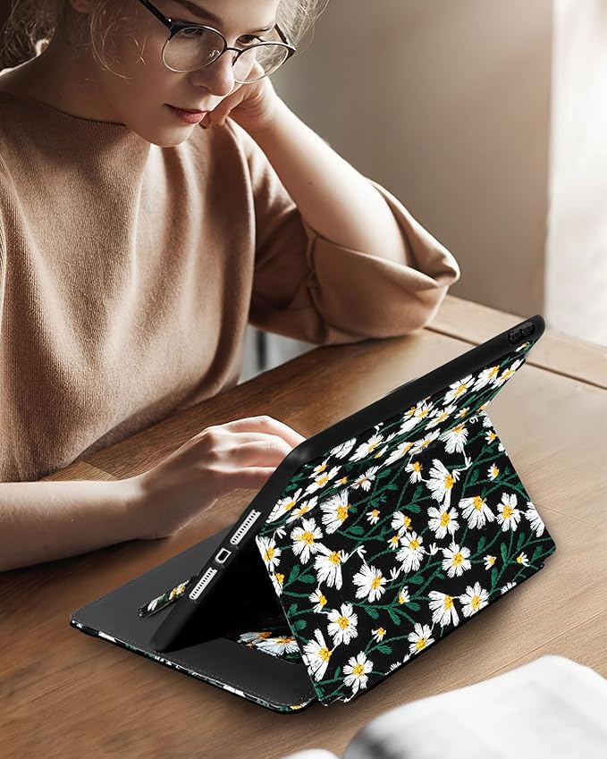 for iPad 9th/8th/7th Generation Case 10.2'' - Women Girls Cute Embroidered Folio Stand Cover with Pencil Holder &amp Card Slot Girly Black Daisy Floral Design Aesthetic Cases for iPad 7th/8th/9th