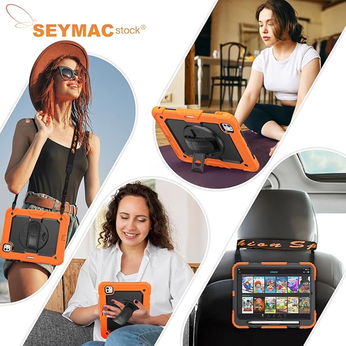 SEYMAC stock Case for iPad Pro 11-inch M5-M4 2025-2024 Shockproof Heavy Duty Case with Screen Protector Pencil Holder Rotating Stand Hand Strap Shoulder Strap Orange