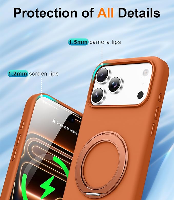 STERKER 360° Rotatable Stand Compatible with iPhone 17 Pro Case with Magnetic [Military Grade Drop Tested][Adjustable Kickstand] Ring Holder Silicone Slim Back Soft Edge Orange