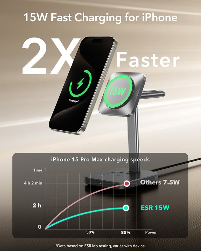 ESR for 3 in 1 Wireless Charging Station Certified Apple Watch Charger 15W MagSafe Charger Stand for iPhone Wireless Charger for Multiple Devices iPhone 17/16/15/14/13 Watch AirPods Grey
