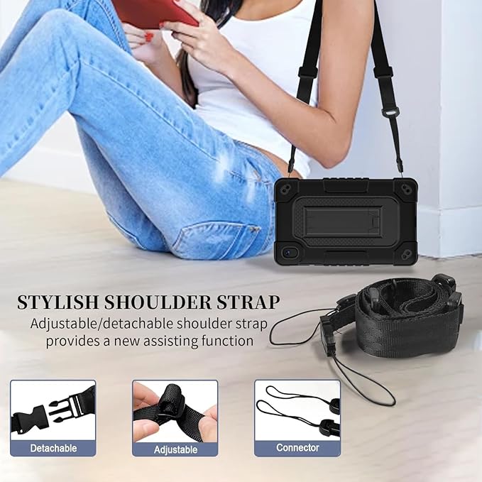 Shockproof Case for Walmart Onn 7 inch Tablet Case (2024 Model 100135924) Rugged Kids Friendly Case with Screen Protector Shoulder Strap Kickstand for Onn 7 4th Gen 2024 Model (Black+2Pcs)