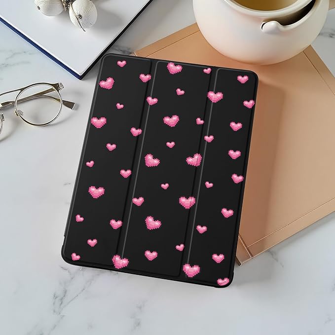 Idocolors Case for iPad 11 inch (A16 Chip) 2025 Generation 11th / iPad 10.9 inch 2022 10th Gen Built-in Pencil Holder with Soft TPU Shockproof Back Shell Auto Wake/Sleep Heart-Black
