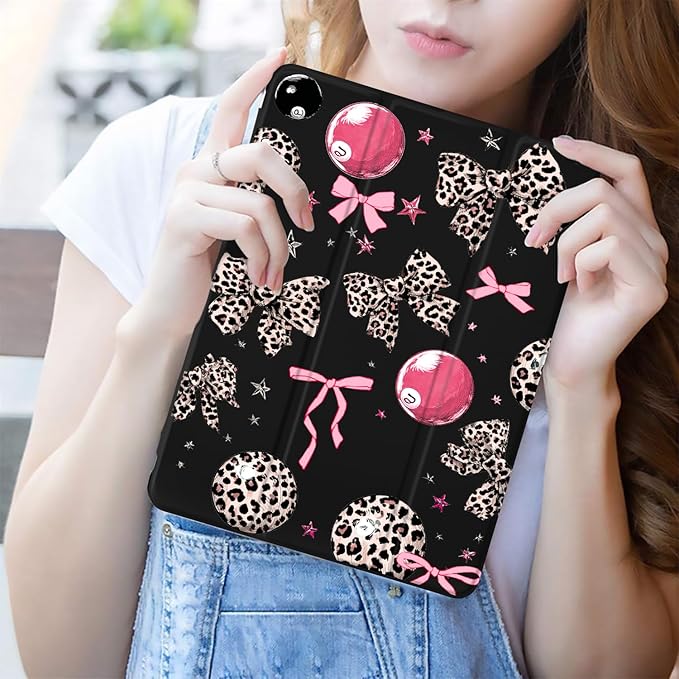 JOYLAND Bow Leopard Print for iPad 10th Generation Case 10.9 inch/iPad (A16) 11th Generation 11 Inch 2025 with Pencil Holder-Trifold Stand Protective Cover with Soft TPU BackBlack